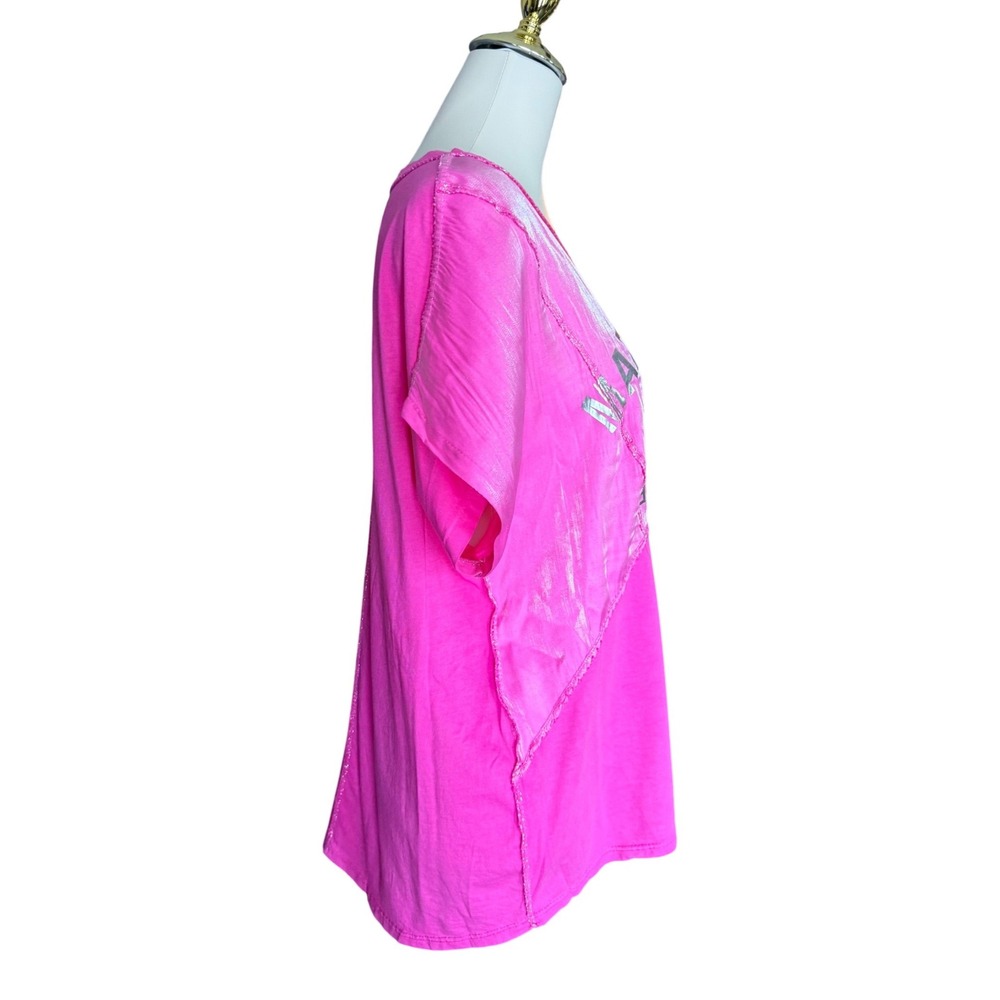 Mademoiselle Rive Droite Neon Pink Mixed Media Graphic Tee Silver Metallic Star - Picture 3 of 9